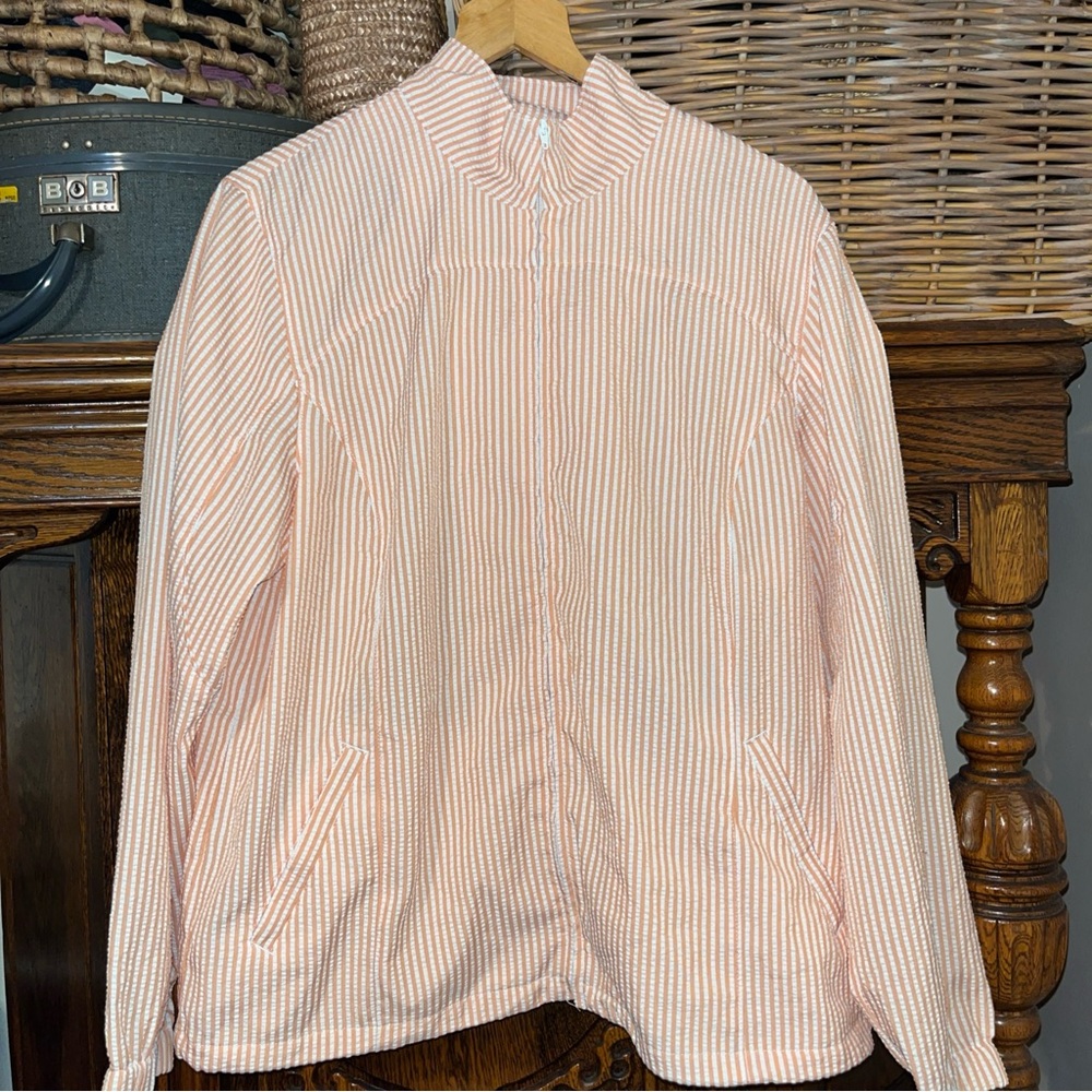 Orvis Orange and White Striped Zip-Front Women's seersucker lightweight Jacket